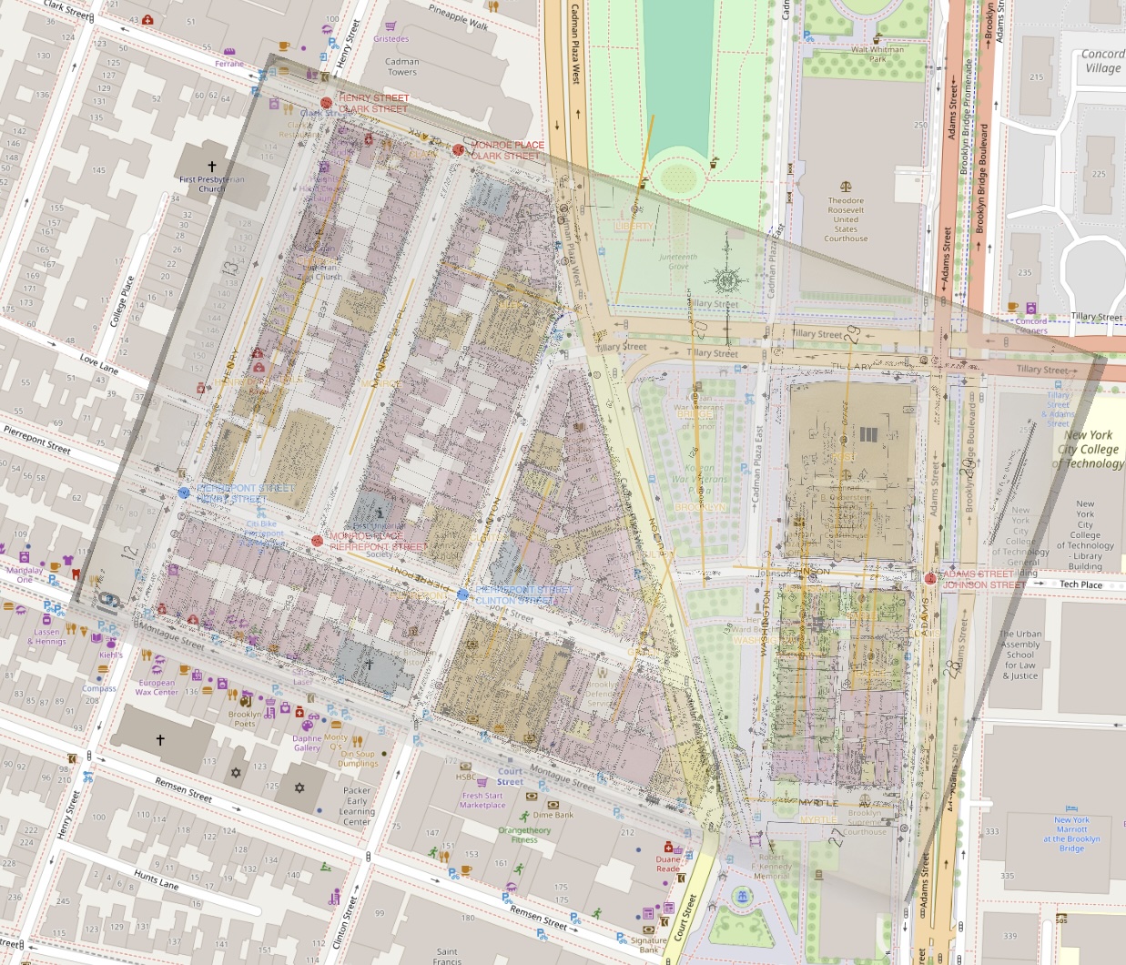 Sanborn map overlaid on a modern map of downtown Brooklyn